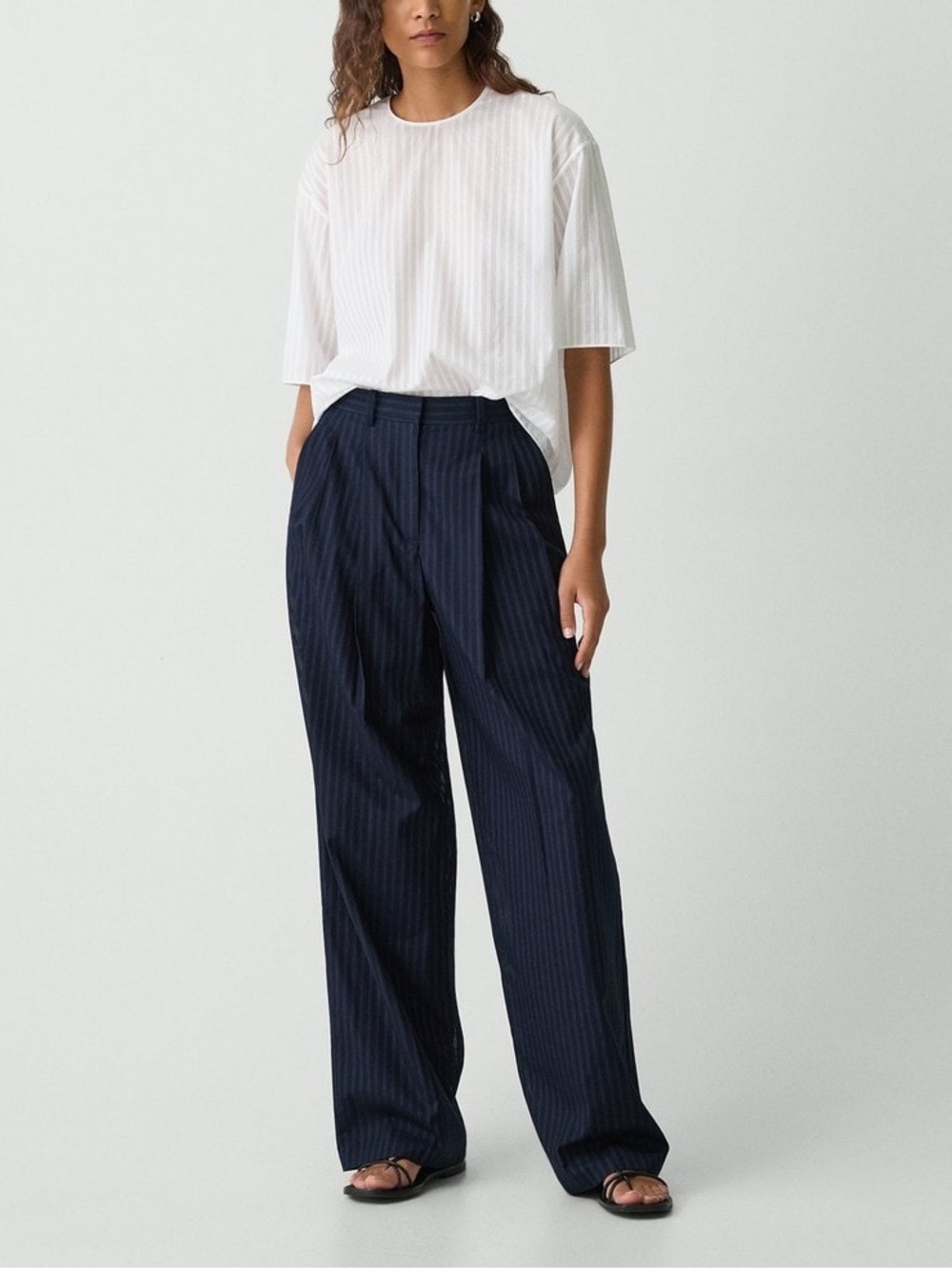 THEORY Double Pleat Linear Cotton Striped Navy Pants Size 14 NWT